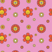 Vector retro floral pattern. Seamless patterin with flowers on pink background. Groovy pattern for children. Cute.