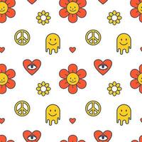 Vector groovy seamless pattern. Summer pattern in yellow and red colors. Retro print. Flowers and emoji. Hearts and peace sign.