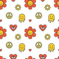 Vector groovy seamless pattern. Summer pattern in yellow and red colors. Retro print. Flowers and emoji. Hearts and peace sign.