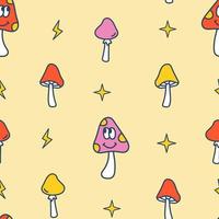 Vector retro pattern with cute mushrooms. Seamless pattern for children. Groovy mushrooms. Mushroom with face.