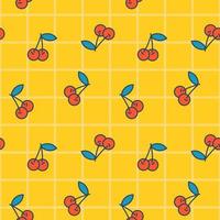 Vector seamless pattern with cherry. Cute cherry on yellow plaid background. Wrapping and clothing. Print for kids.