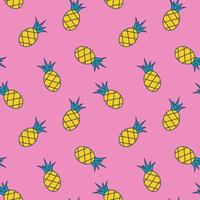 Vector seamless pattern with pineapples. Retro pattern with tropical fruit on pink background. Groovy pattern with yellow pineapples. Wrapping and clothing.