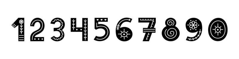 números ornamentados escandinavos en blanco y negro con flores y líneas. fuente popular con números. tipografía en estilo escandinavo. vector