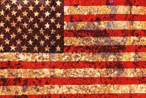 USA flag overlay on old rusty wall surface texture for background use photo