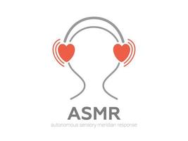 Autonomous sensory meridian response, ASMR logo or icon. Head with heart shaped headphones, enjoying sounds, whisper or music. Vector illustration flat line style