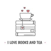 Pile of books and coffee or tea cup with heart symbols. I love books and tea quote vector