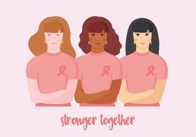 mujeres asiáticas, afroamericanas y caucásicas con camiseta blanca con cinta rosa en el pecho, manos cruzadas, de pie juntas apoyando a los combatientes. vector
