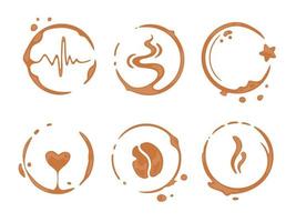 Collection of coffee cup round stains shaping symbols of heart, star, bean, steam, aroma, cardio pulse line. Logo for cafe, coffee house or perk. Vector drops and splashes on white.