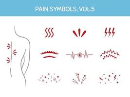 Set of pain markers for illustrations, medical and healthcare themed designs. Assorted icons showing pain focus, trigger points and painful areas of body. Vector elements, isolated on white.