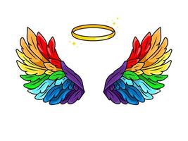 Magic rainbow-colored wings in 80s-90s youth pop art comics style. Wide spread angel wings and halo. Retro fashionable patch element inspired by old cartoons. Vector illustration