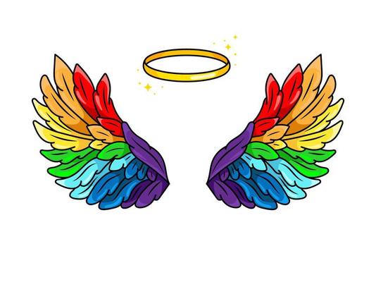 Magic rainbow-colored wings in 80s-90s youth pop art comics style. Wide spread angel wings and halo. Retro fashionable patch element inspired by old cartoons. Vector illustration