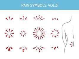 conjunto de marcadores de dolor para ilustraciones, diseños temáticos médicos y sanitarios. íconos variados que muestran el foco del dolor, los puntos gatillo y las áreas dolorosas del cuerpo. elementos vectoriales, aislados en blanco. vector