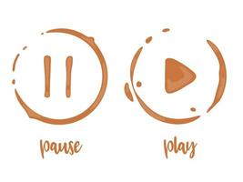 Collection of coffee cup round stains in shape of play and pause buttons. Take a break and relax concept. Vector drops and splashes on white.