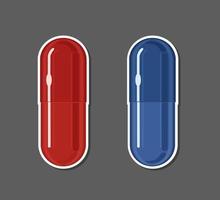 Blue and red pills, vector illustration isolated on grey background. Concept of choice. Two different alternatives metaphor.
