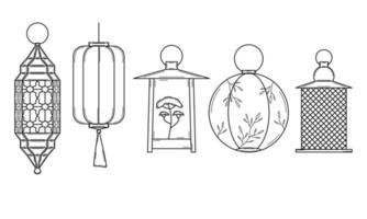 Hand drawn set of lanterns. Oriental, Asian lanterns with ornaments. Doodle style. Sketch. Vector illustration