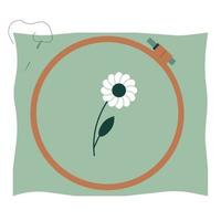 Embroidery hoop with fabric and flower embroidered on it. Tools for hobbies and crafts. Flat style. Vector illustration