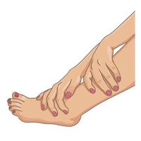 Female legs barefoot with hands holding the ankle, nails colored, side view. Vector illustration, hand drawn cartoon style isolated on white.