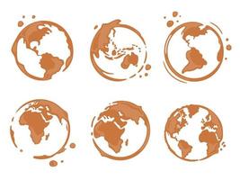 Collection of coffee cup round stains shaped like a world map or globe. All continents, North and South America, Europe, Asia, Africa, Australia. Vector drops and splashes on white.