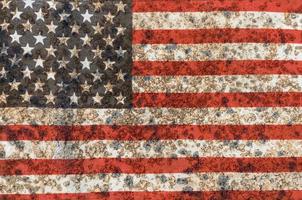 USA flag overlay on old rusty wall surface texture for background use photo