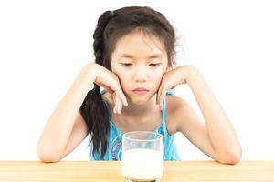 Asian girl is showing dislike drinking milk expression over white background photo