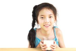 Asian girl is drinking a glass of milk over white background photo