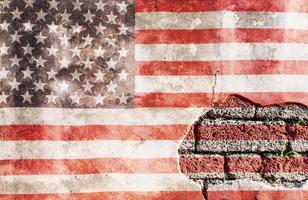 USA flag overlay on old granite brick and cement wall texture for background use photo