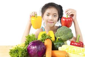 Asian lovely girl showing enjoy expression with fresh colorful vegetables isolated over white background photo