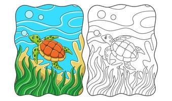 ilustración de dibujos animados tortugas están nadando en el mar con algunos arrecifes de coral y plantas marinas libro o página para niños vector