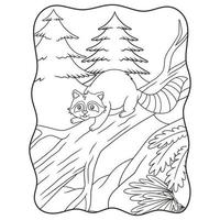 cartoon illustration raccoons are relaxing on tree trunks in the middle of the forest to enjoy the sun book or page for kids black and white vector