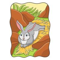 cartoon illustration the rabbit is lying on the hay under the cliff to enjoy the sunshine in the middle of the forest
