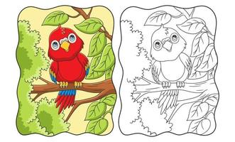 ilustración de dibujos animados el loro está posado en un tronco de árbol grande y alto y mirando hacia el libro de nubes o página para niños vector