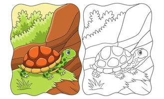 cartoon illustration a turtle walking in the middle of a meadow on a cliff beside a river book or page for kids