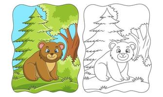 ilustración de dibujos animados el oso está sentado en medio del bosque disfrutando del clima de la mañana bajo un gran libro de árboles o una página para niños