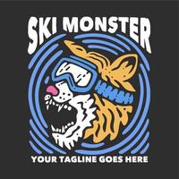 t shirt design ski monster t shirt design snowing wild with tiger head wearing ski goggles and gray background vintage illustration