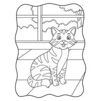 cartoon illustration the cat is standing behind the window in the house to see the scenery behind the window book or page for kids black and white vector