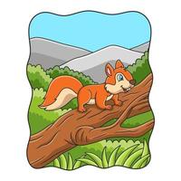 cartoon illustration a squirrel running towards food on a fallen tree trunk in the middle of the forest vector