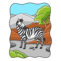 cartoon illustration zebra walking in the forest under the mountain and looking back vector