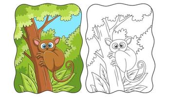 tarsero de ilustración de dibujos animados trepando un árbol alto y grande para relajarse en un libro o página para niños vector