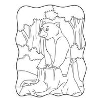 ilustración de dibujos animados el oso está sentado y mirando el bosque sobre el libro o la página del tronco del árbol talado para niños en blanco y negro vector
