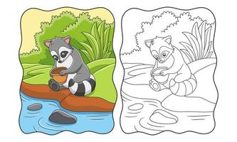 cartoon illustration The raccoon is sitting by the river holding the jar and playing with it book or page for kids vector