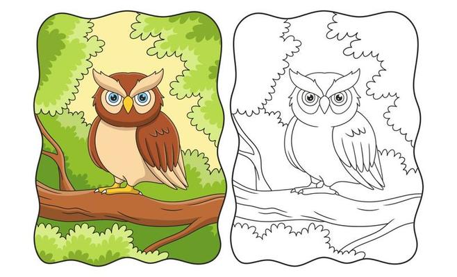 cartoon illustration owl is perching on a big tree trunk during the day book or page for kids