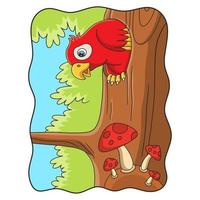 cartoon illustration the parrot that was inside his house that was inside the tree trunk and peeked out to see the food vector