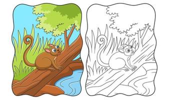 cartoon illustration tarsiers relaxing on a fallen tree trunk by the river to enjoy the beauty of the forest book or page for kids vector