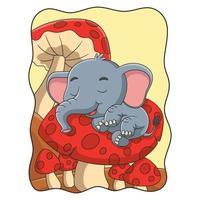 cartoon illustration sleeping elephant on a giant mushroom during the day vector
