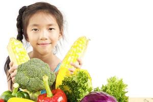 Asian lovely girl showing enjoy expression with fresh colorful vegetables isolated over white background photo