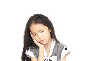 Depressed Asian girl isolated over white background photo