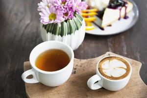 Hot drink coffee and tea set relax recipe background concept - hot drink refreshment background concept photo