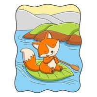 cartoon illustration the fox is riding a boat made of big tree leaves with an oar vector