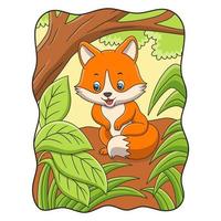 cartoon illustration a fox sitting under a big tree in the middle of the forest vector