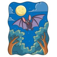 cartoon illustration a view from under the bats flying at night in the forest with the moon shining brightly vector